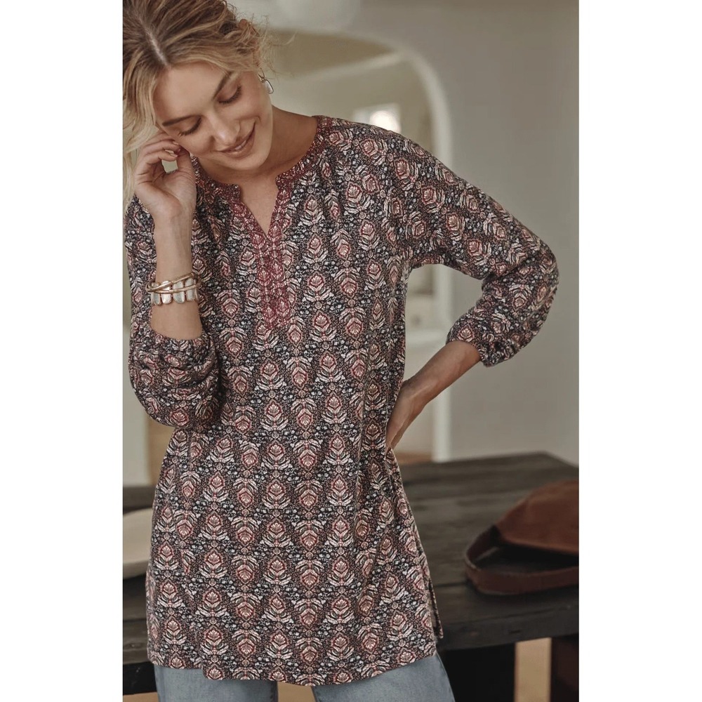 Pure Jill Printed Embroidered Knit Tunic Women XL Tall Blue Boho Floral Peasant